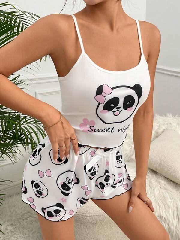 Shein Ensemble De Pyjama Short & Top À Fines Brides Panda Et Slogan