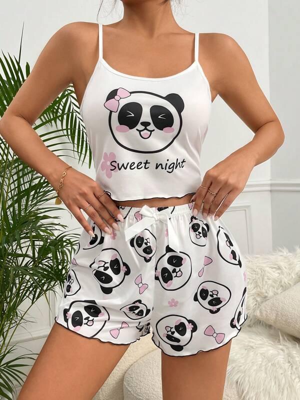 Shein Ensemble De Pyjama Short & Top À Fines Brides Panda Et Slogan