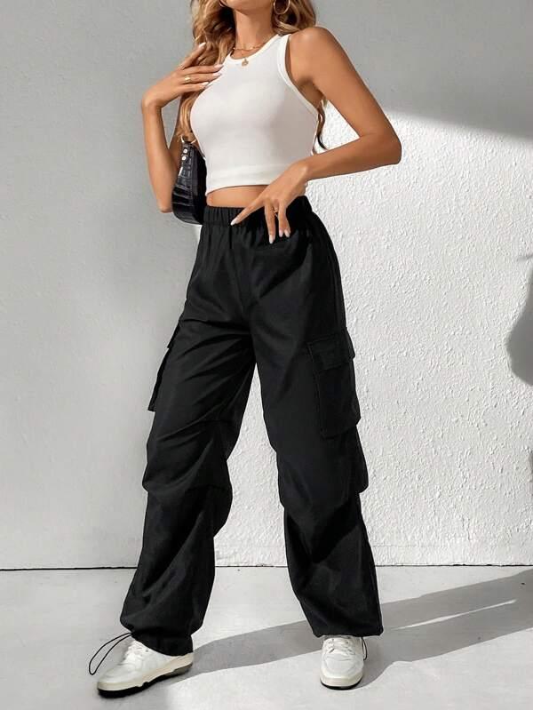 SHEIN Tall Pantalon Cargo Unicolore Taille Élastique Poche À Rabat