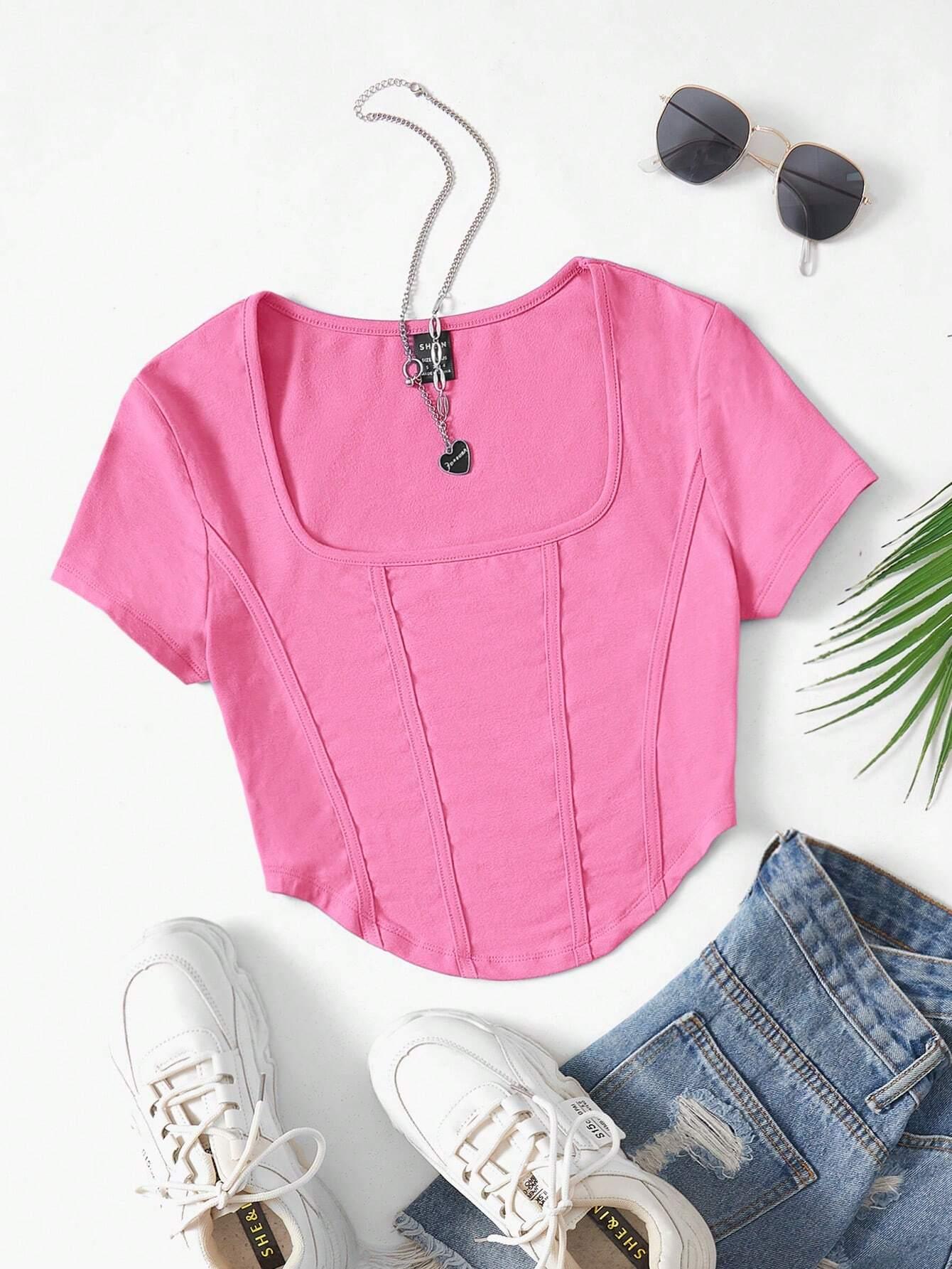 SHEIN EZwear T-Shirt Court À Col Carré Ourlet Incurvé - GlamShopTN