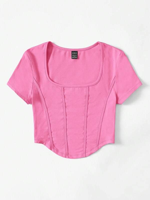 SHEIN EZwear T-Shirt Court À Col Carré Ourlet Incurvé