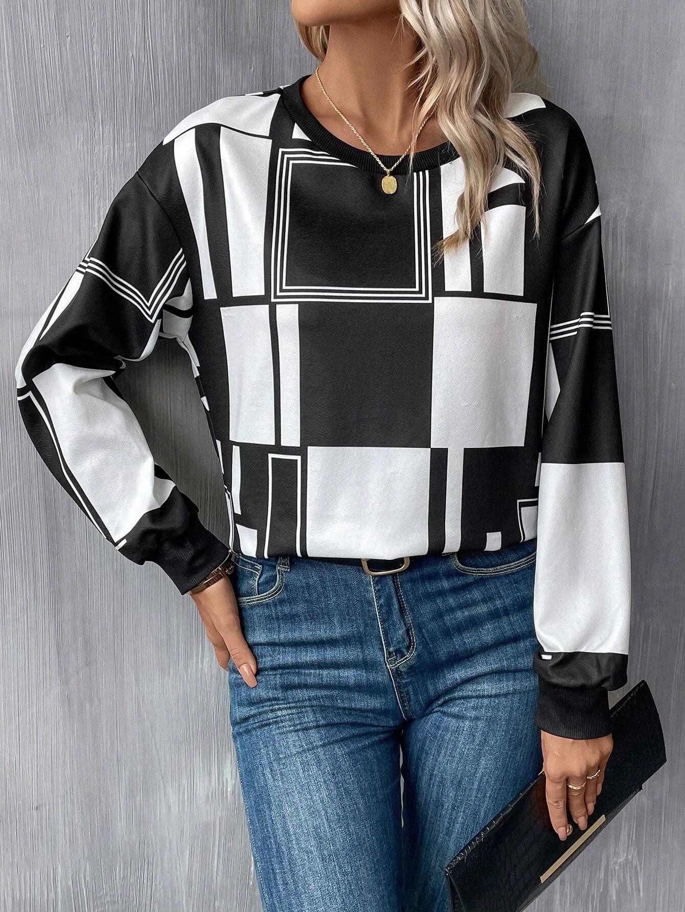 SHEIN LUNE Geo Print Drop Shoulder Sweatshirt - GlamShopTN