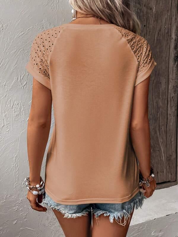 SHEIN LUNE T-shirt Contrastant À Broderie Anglaise Manches Raglan