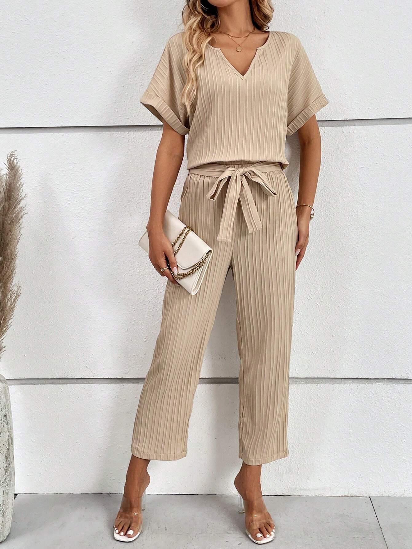 SHEIN LUNE Col cranté Manches Chauve-Souris Blouse & Ceinturé Pantalon