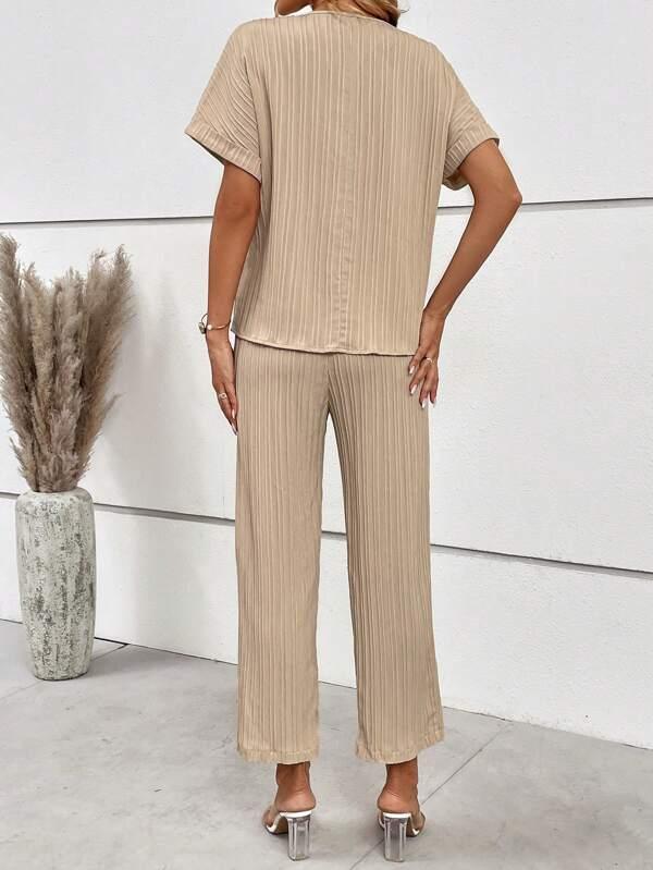 SHEIN LUNE Col cranté Manches Chauve-Souris Blouse & Ceinturé Pantalon