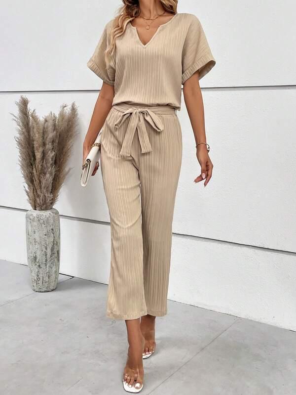 SHEIN LUNE Col cranté Manches Chauve-Souris Blouse & Ceinturé Pantalon