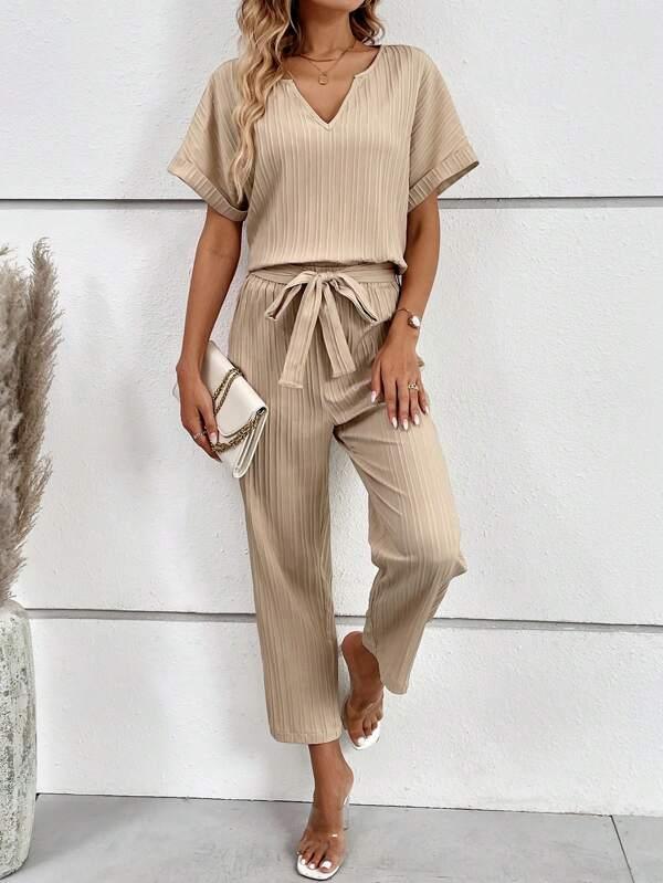 SHEIN LUNE Col cranté Manches Chauve-Souris Blouse & Ceinturé Pantalon