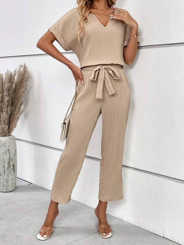 SHEIN LUNE Col cranté Manches Chauve-Souris Blouse & Ceinturé Pantalon - GlamShopTN