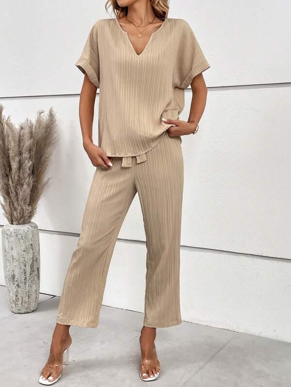 SHEIN LUNE Col cranté Manches Chauve-Souris Blouse & Ceinturé Pantalon