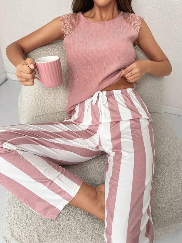 Shein En Dentelle Manches Raglan T-shirt & À Rayures Pantalon Ensemble De Pyjama