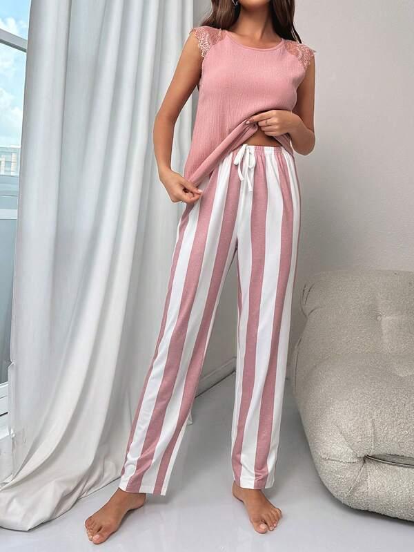 Shein En Dentelle Manches Raglan T-shirt & À Rayures Pantalon Ensemble De Pyjama