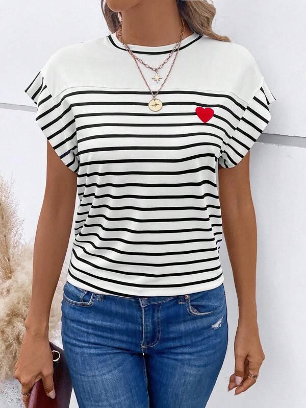 SHEIN LUNE T-shirt À Rayures Imprimé Cœur Manches Chauve-Souris - GlamShopTN
