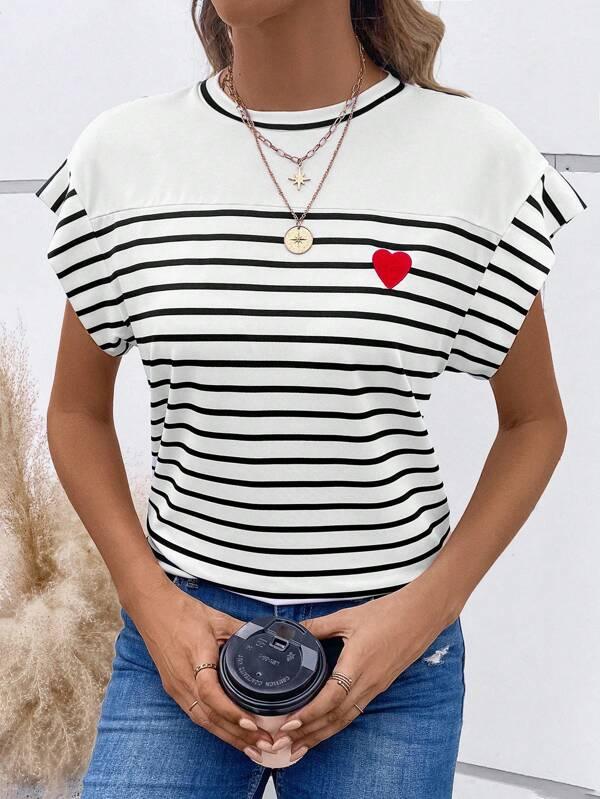 SHEIN LUNE T-shirt À Rayures Imprimé Cœur Manches Chauve-Souris - GlamShopTN
