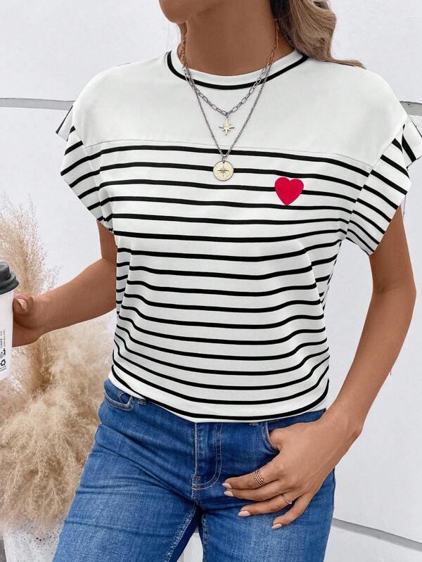 SHEIN LUNE T-shirt À Rayures Imprimé Cœur Manches Chauve-Souris - GlamShopTN