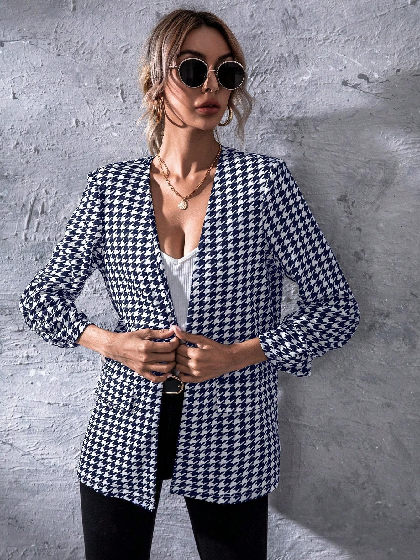 SHEIN LUNE Houndstooth Print Open Front Blazer - GlamShopTN