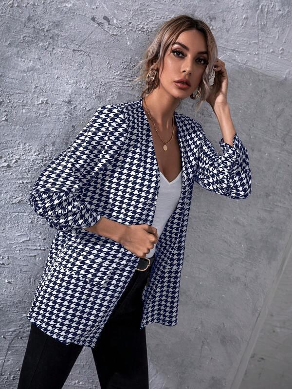 SHEIN LUNE Houndstooth Print Open Front Blazer - GlamShopTN