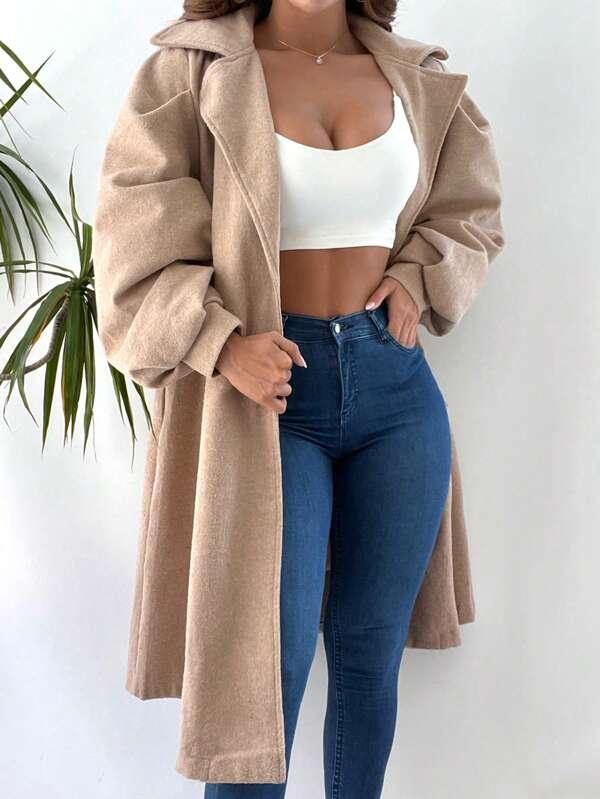 SHEIN Frenchy Manteau Col À Revers Manches Bishop Ceinturé - GlamShopTN