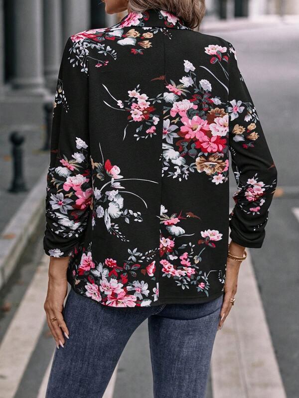 Shein Floral Print Shawl Collar Ruched Sleeve Blazer - GlamShopTN