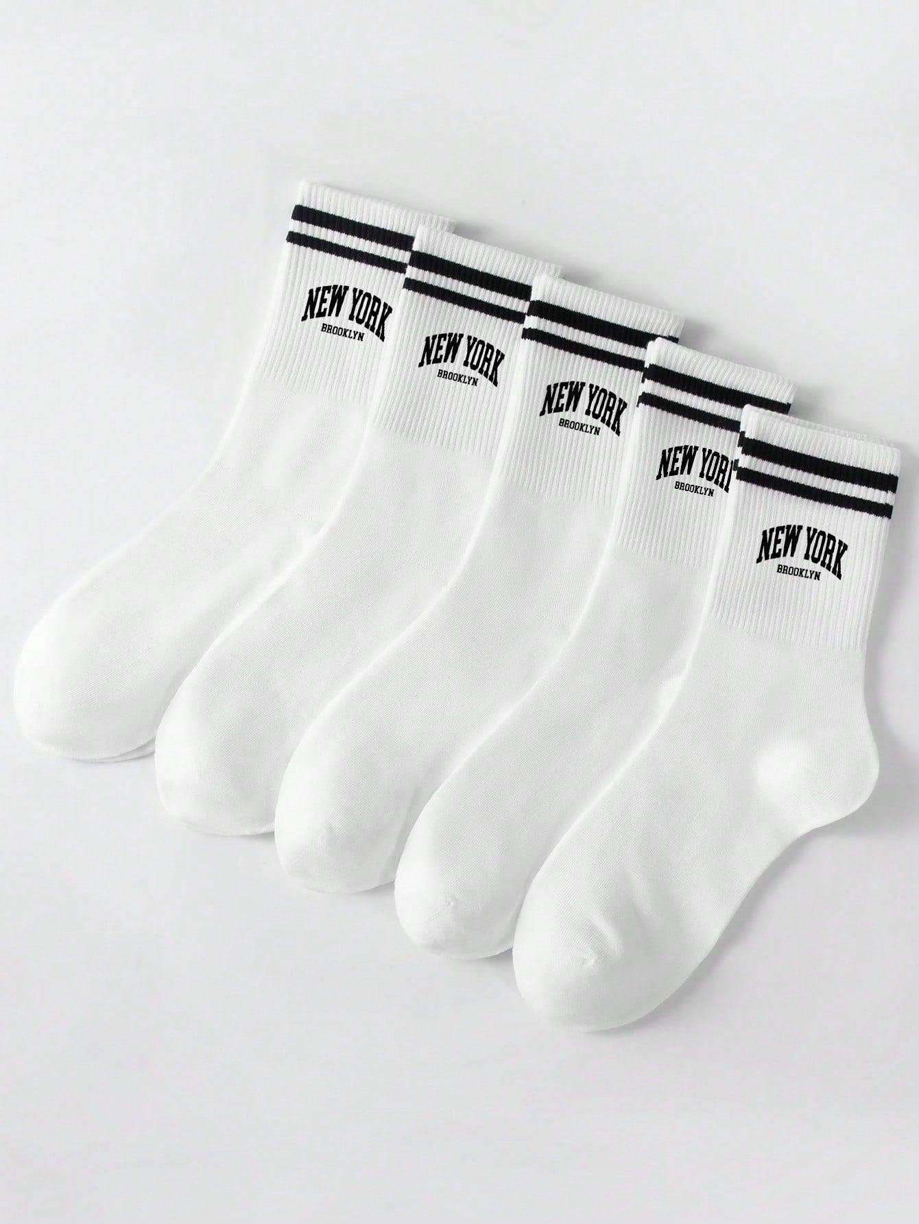 Shein 5 Paires/pack Chaussettes Mi-mollet Pour Femmes, En Blanc Avec Lettre New York Doublement Rayée, Anti-odeur Et Absorbant La Transpiration, Convient Pour La Vie Quotidienne - GlamShopTN