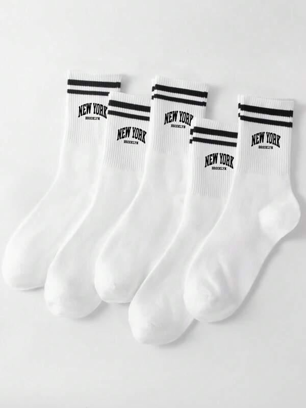 Shein 5 Paires/pack Chaussettes Mi-mollet Pour Femmes, En Blanc Avec Lettre New York Doublement Rayée, Anti-odeur Et Absorbant La Transpiration, Convient Pour La Vie Quotidienne - GlamShopTN