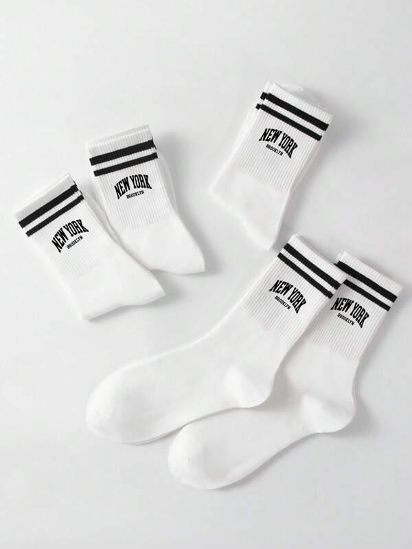 Shein 5 Paires/pack Chaussettes Mi-mollet Pour Femmes, En Blanc Avec Lettre New York Doublement Rayée, Anti-odeur Et Absorbant La Transpiration, Convient Pour La Vie Quotidienne - GlamShopTN