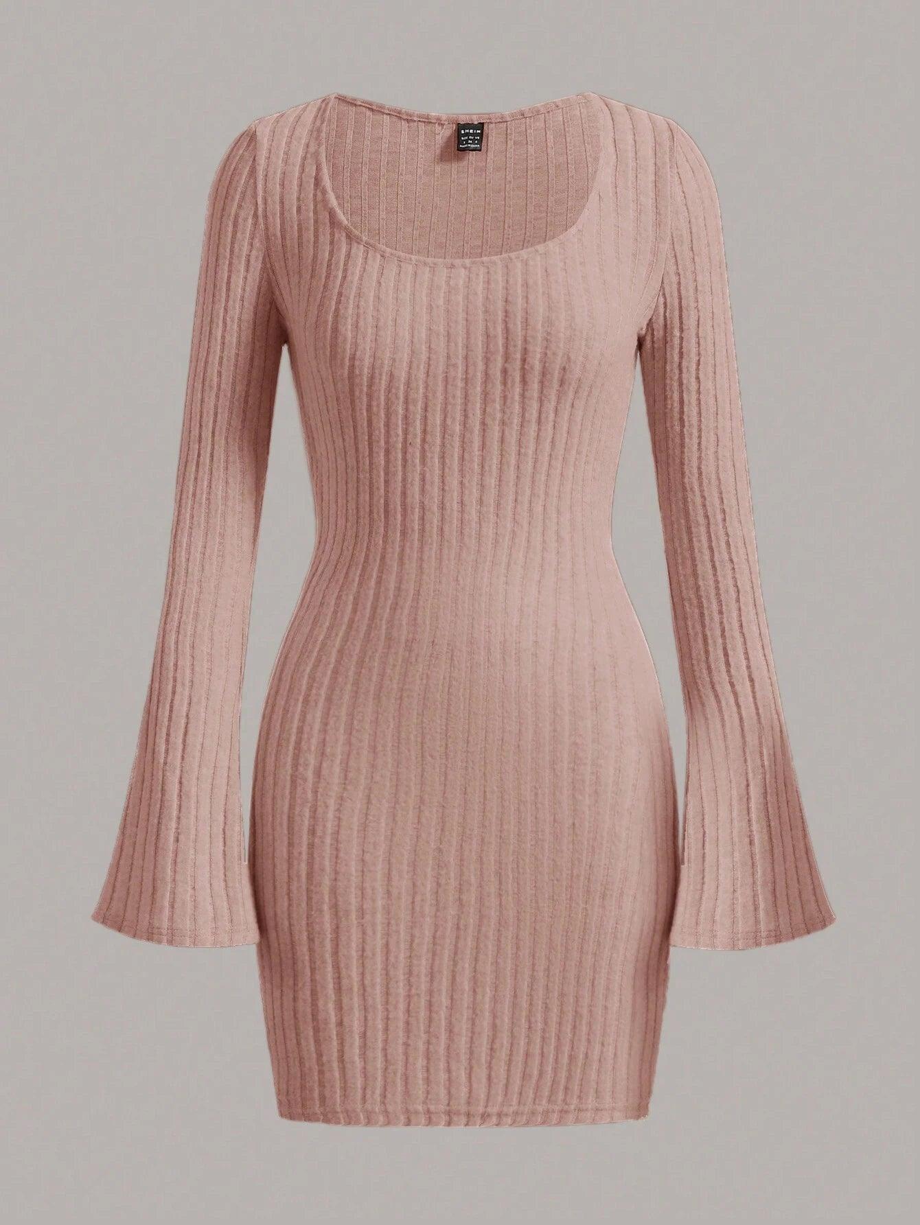 SHEIN EZwear Robe Moulante Encolure dégagée Manches Cloche Côtelé - GlamShopTN