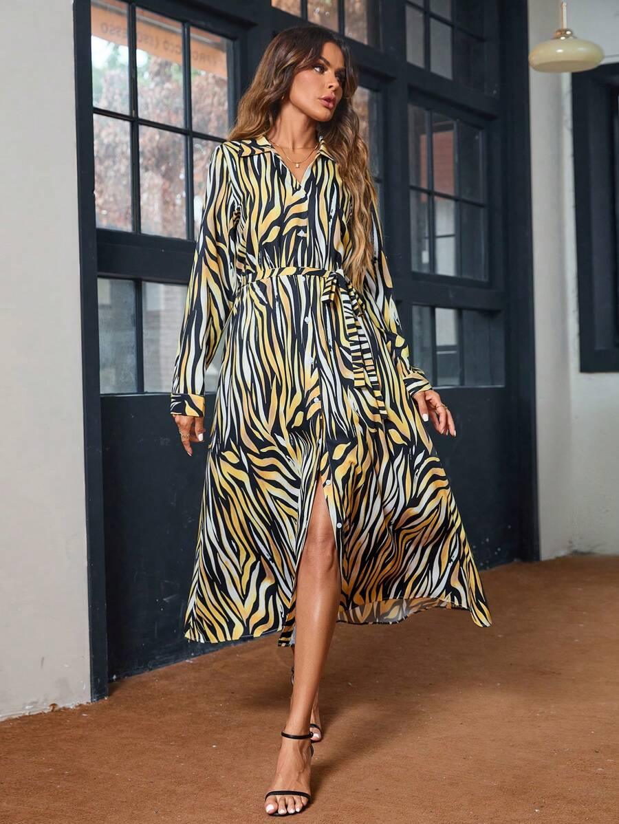 Shein Robe À Manches Longues, Ceinturée, À Blocs De Couleurs Et Imprimé Aléatoire Pour Femmes - GlamShopTN