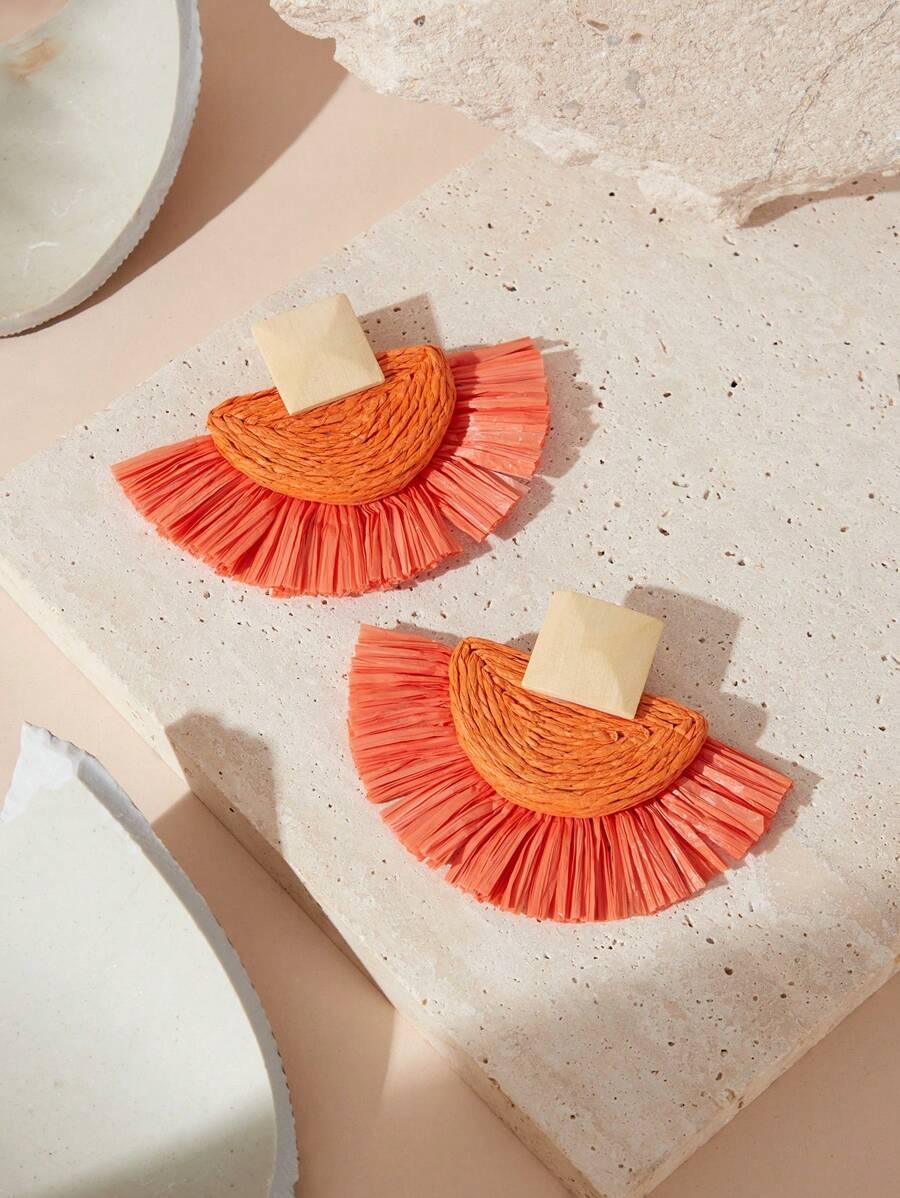 SHEIN VCAY 1 Paire De Boucles D'oreilles Exagérées En Bois Avec Incrustation D'herbe De Rafia