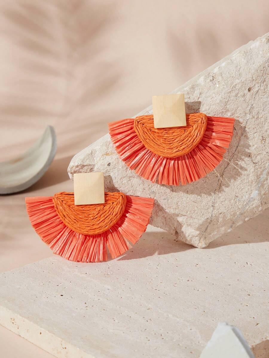 SHEIN VCAY 1 Paire De Boucles D'oreilles Exagérées En Bois Avec Incrustation D'herbe De Rafia