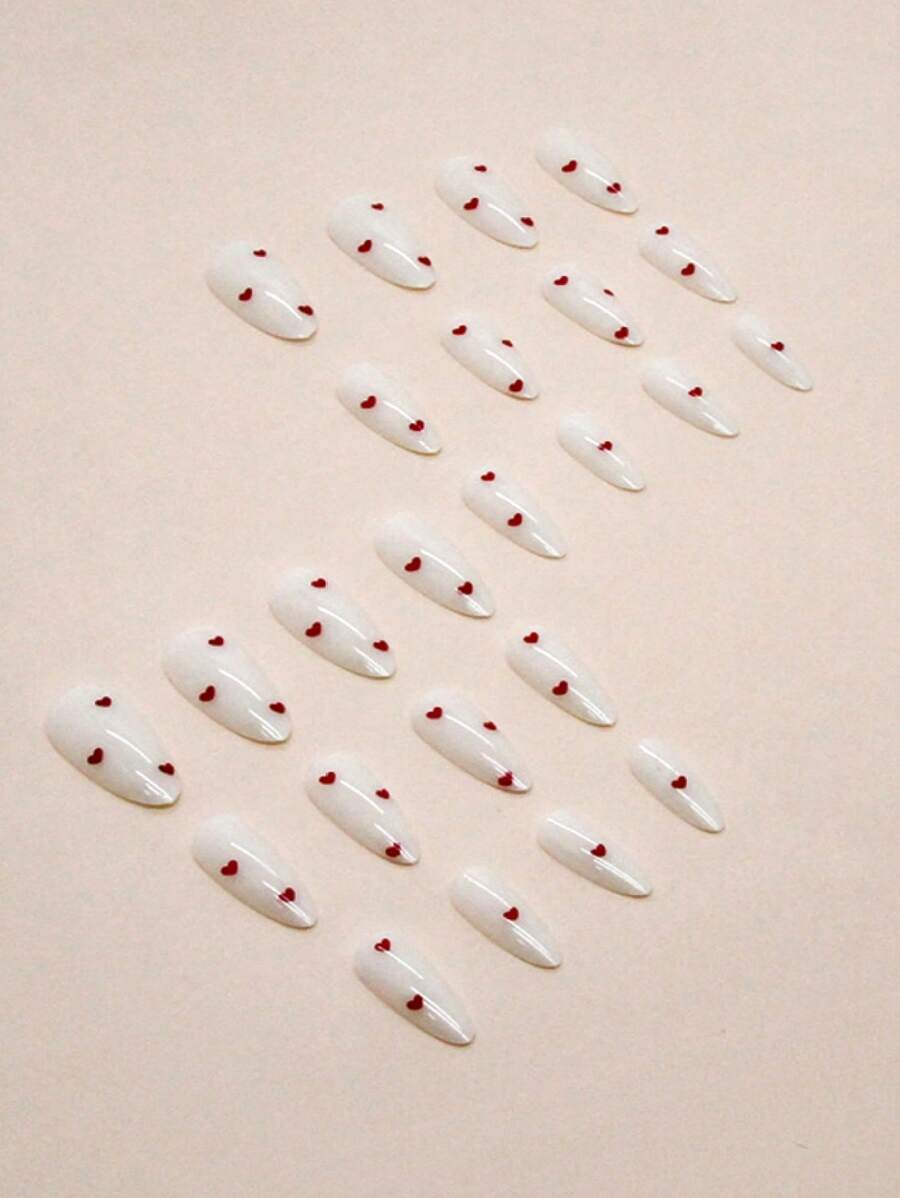 Shein 24 pièces Ongles faux blancs de yogourt avec des flocons d'amour rouge vin