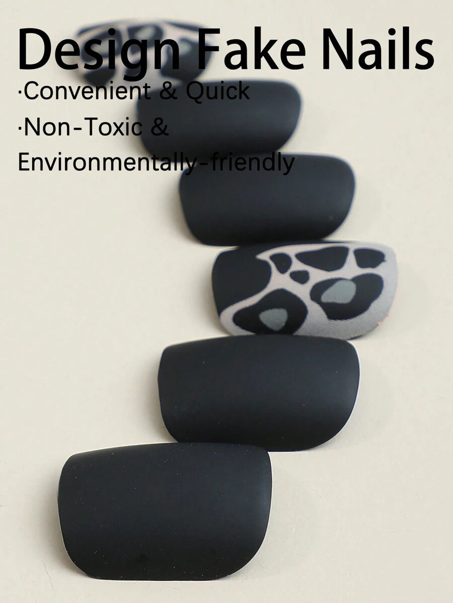24 pièces Faux ongles carrés courts noirs avec imprimé léopard