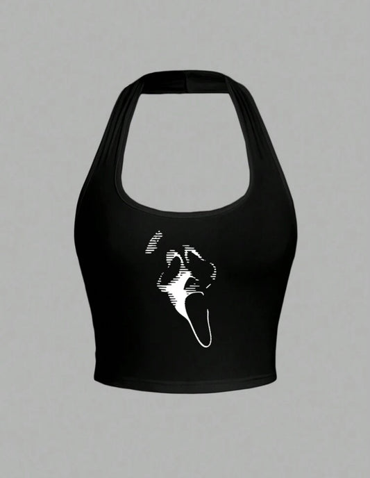 Attitoon HalloweenScream Face Pattern Casual Scoop Neck Tank Top, Slim Fit For Women, Suitable For Summer