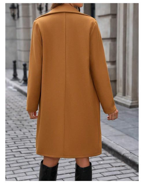 Manteau long élégant à double boutonnage – Couleur unie Camel - GlamShopTN