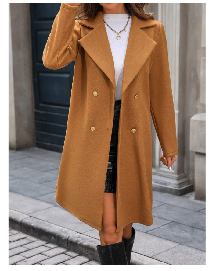 Manteau long élégant à double boutonnage – Couleur unie Camel - GlamShopTN