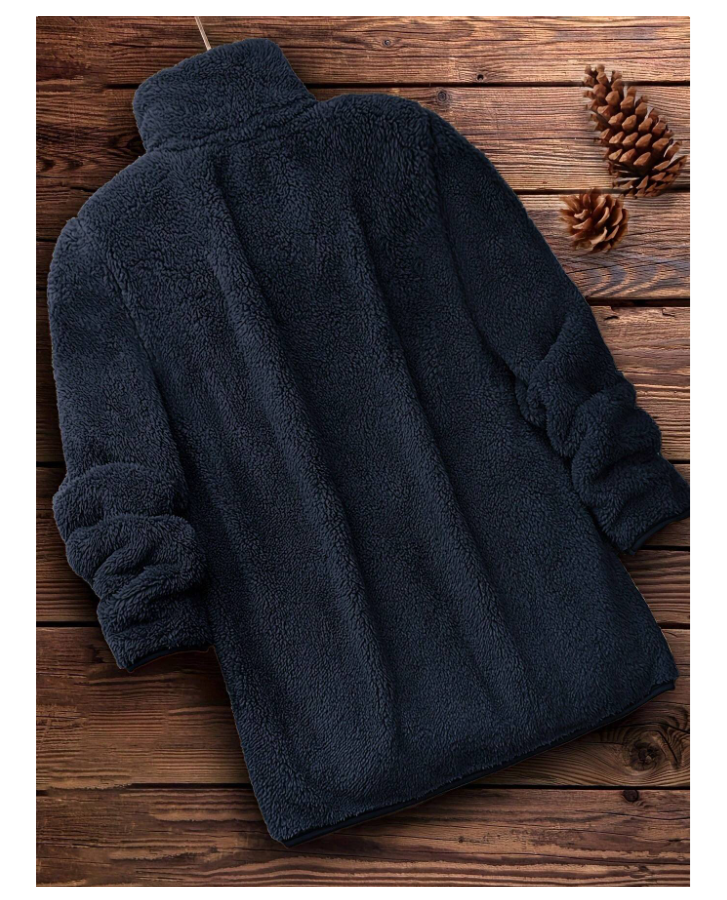 Manteau Teddy uni à fermeture éclair – Bleu marine | Style casual - GlamShopTN