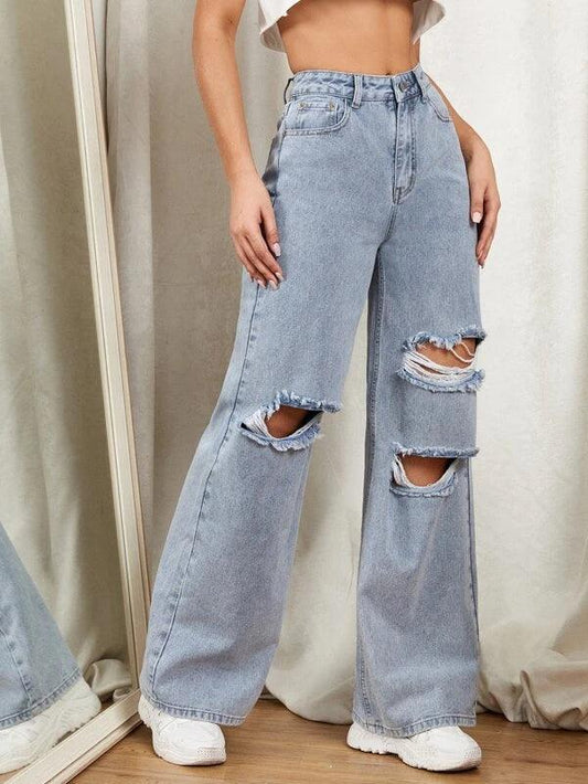 SHEIN EZwear Jean ample déchiré avec zip - GlamShopTN