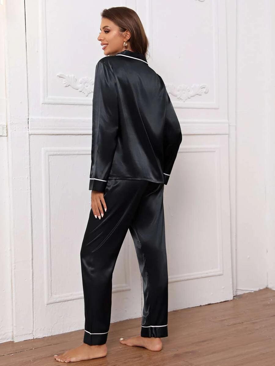SHEIN Ensemble de pyjama en satin avec revers boutonné sur le devant - GlamShopTN