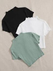 SHEIN Qutie 3 pièces T-shirt unicolore côtelé à fronces - GlamShopTN