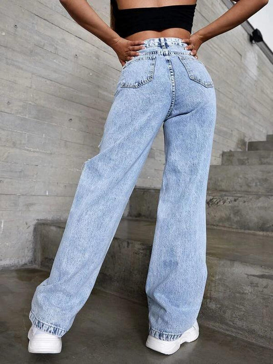 SHEIN ICON Jean déchiré taille haute - GlamShopTN