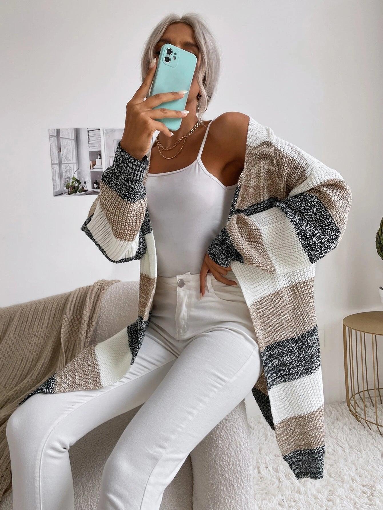 SHEIN Essnce Cardigan long à blocs de couleurs ouvert manches chauve-souris - GlamShopTN