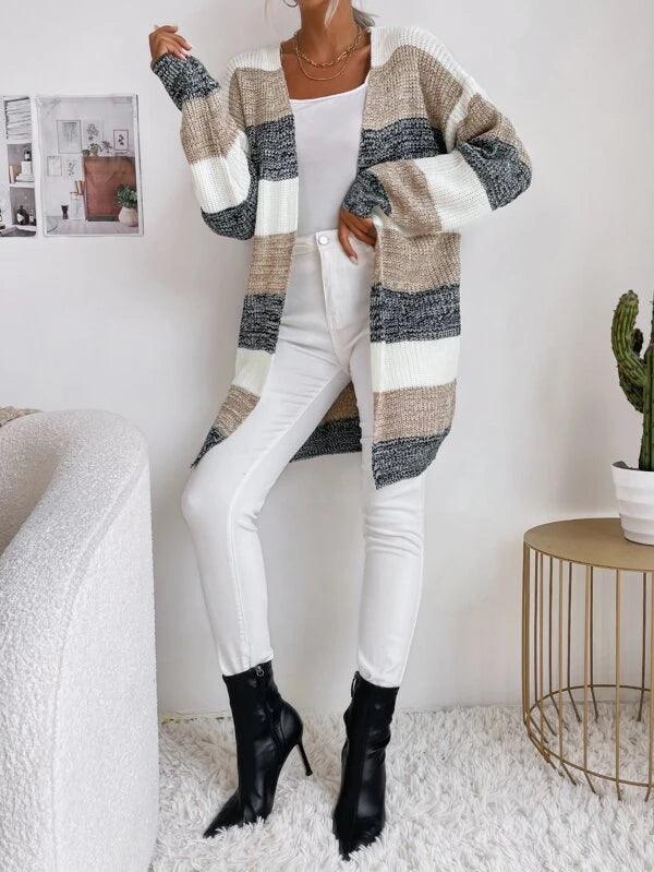 SHEIN Essnce Cardigan long à blocs de couleurs ouvert manches chauve-souris - GlamShopTN