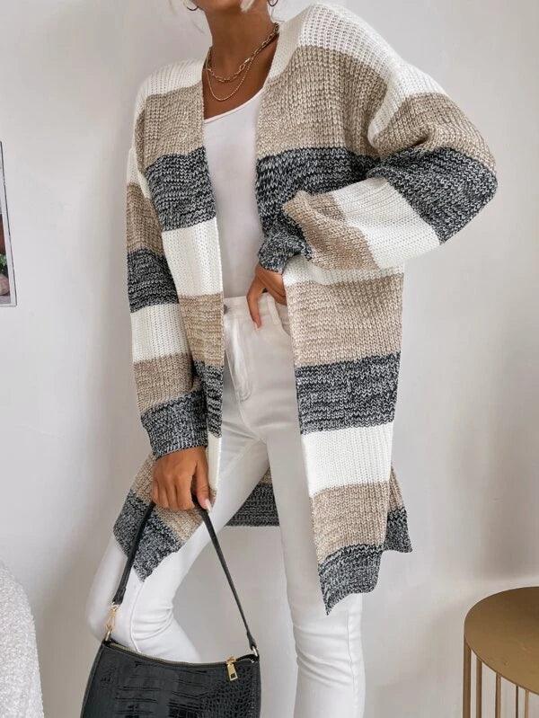 SHEIN Essnce Cardigan long à blocs de couleurs ouvert manches chauve-souris - GlamShopTN