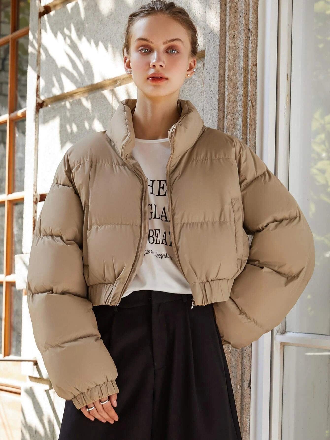 Shein DAZY Veste Matelassée Écourtée Avec Fermeture Éclair, Ourlet Élastique Et Poches Épaisses - GlamShopTN