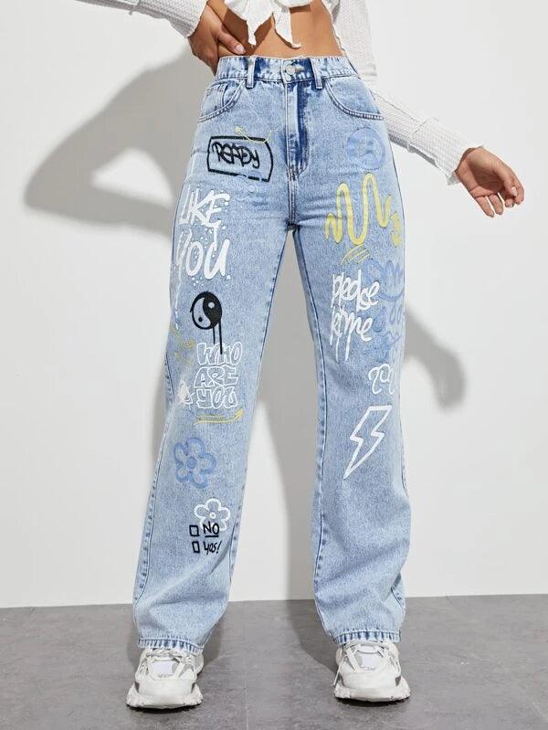 SHEIN ICON Jean slogan et à imprimé taijitu - GlamShopTN