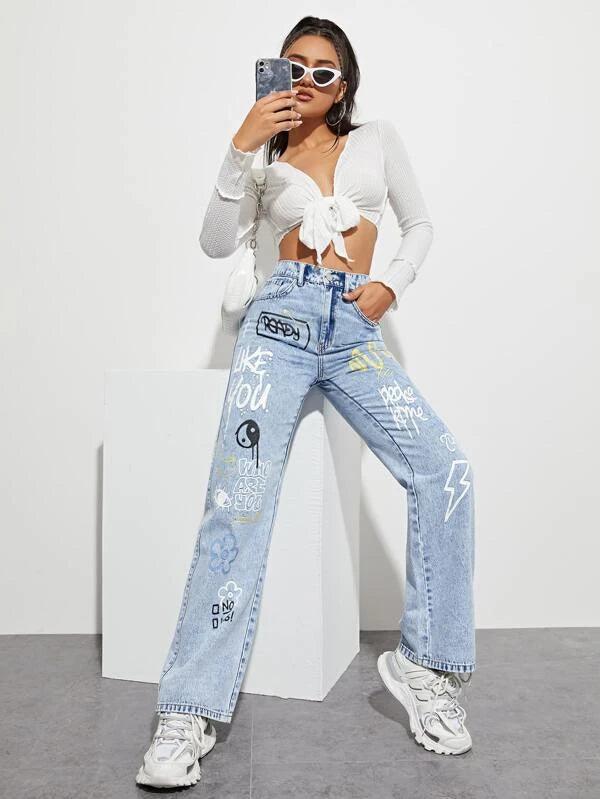 SHEIN ICON Jean slogan et à imprimé taijitu - GlamShopTN