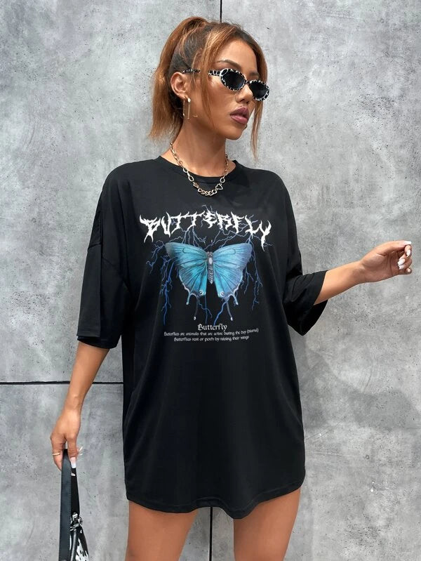 SHEIN EZwear T-shirt slogan et à imprimé papillon