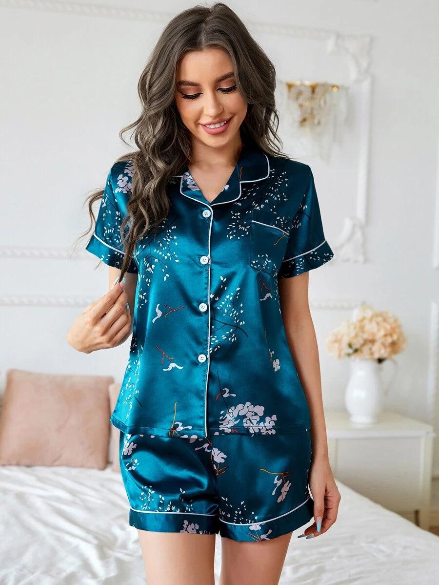 Shein Ensemble de pyjama en satin à imprimé plante col à revers à liseré contrastant - GlamShopTN