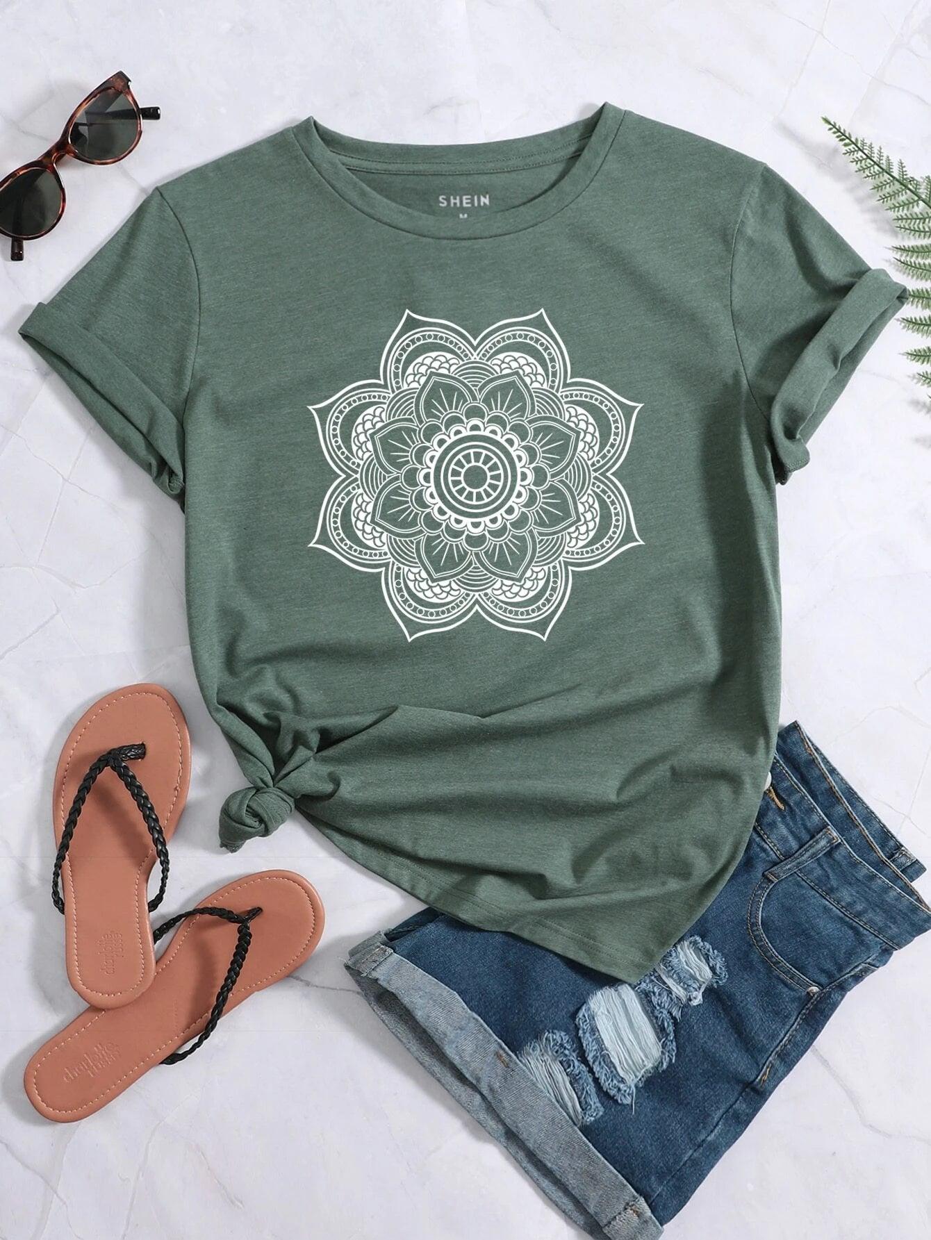 SHEIN LUNE T-shirt à imprimé mandala - GlamShopTN