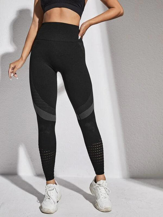 Shein Yoga Future Legging sans couture à rayures élasticité élevé contrôle du ventre actif avec ajouré - GlamShopTN