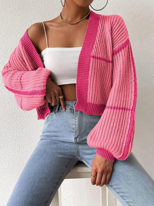 Shein Cardigan long à bordure contrastante manches bouffantes - GlamShopTN